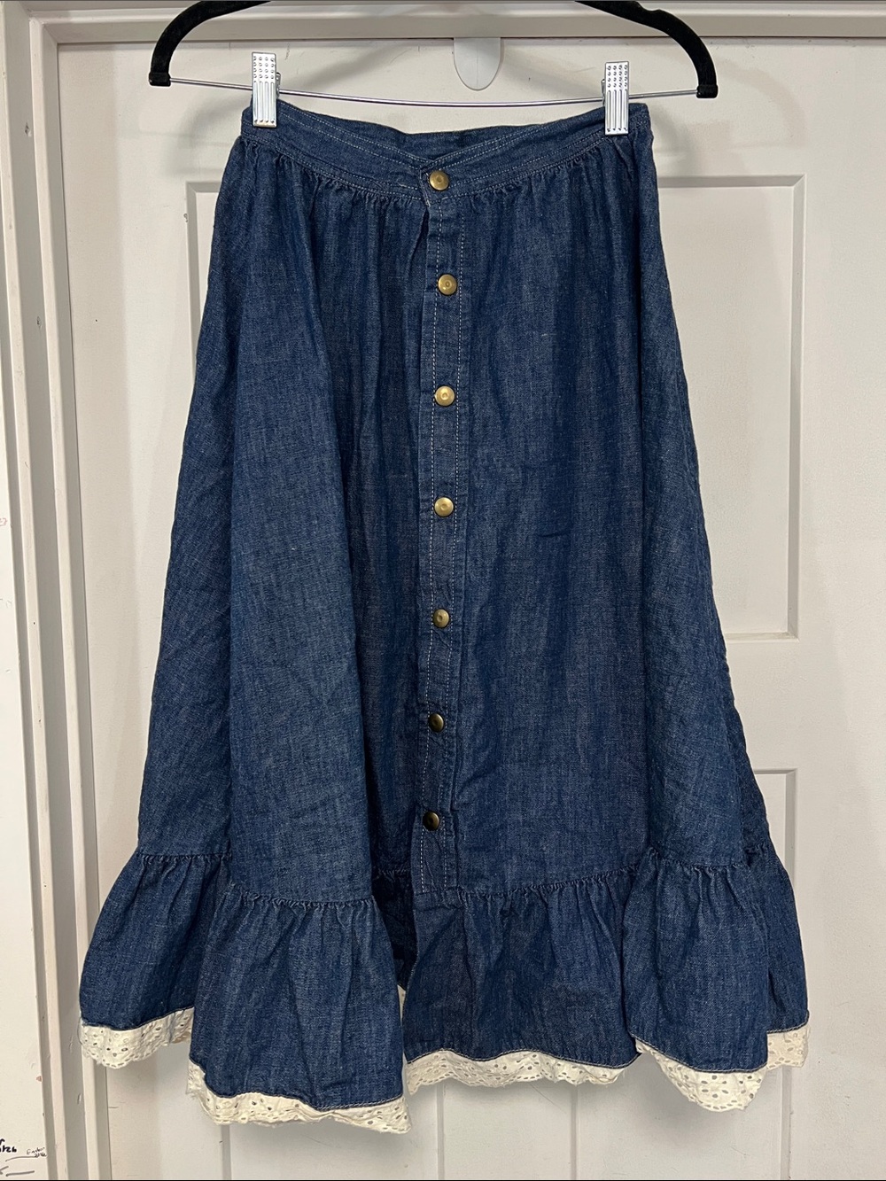 VTG 70’s PISTACHE DENIM PRAIRIE WESTERN SKIRT EYELET LACE BUTTON FRONT X-SMALL